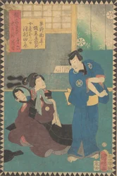 Acto VI Dai rokudanme: Actores Bando Hikosaburo como Hayano Kanpei y..., 1862 Bunkyu 2, 6º mes
