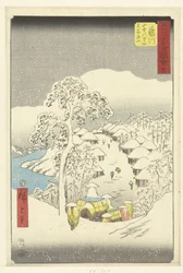 Fujikawa, un pueblo de montaña también llamado Fujiyama Fujikawa sanchu no sato Fujiyama (título sobre objeto) Rostros famosos en las 53 estaciones (título de la serie) Gojusan tsugi meisho zue (título de la serie sobre el objeto)