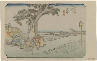 Fukuroi No. 28. Fukuroi: uno de los cincuenta y tres lugares señalados en Tokaido, pintado por Hiroshige (título sobre el objeto) De Tôkaidô van Hiroshige (título de la serie) Hiroshige no fude Tôkaidô (título de serie sobre objeto)