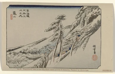Kameyama No. 47. Kaweyawa: uno de los cincuenta y tres lugares señalados en Tokaido, pintado por Hiroshige (título sobre el objeto) De Tôkaidô van Hiroshige (título de la serie) Hiroshige no fude Tôkaidô (título de serie sobre objeto)