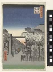 Amanecer en Yoshiwara Kakuchu toun (título sobre objeto) Cien rostros famosos en Edo (título de la serie) Meisho Edo hyakkei (título de la serie sobre el objeto)