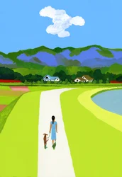 Las Montañas Azules y la Mujer Caminando con el Perro