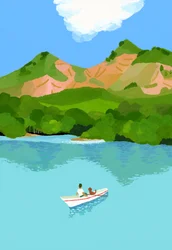 Vacaciones de verano en las montañas y barcos