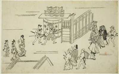 Entrada a Ageyacho, de la serie "La aparición de Yoshiwara (Yoshiwara no tei)", c.1681-84 (xilografía; sumizuri-e, oban)