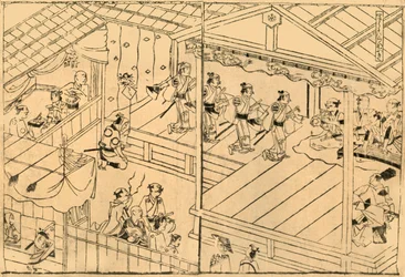 Actuación de Kabuki en el lecho del río Shijo, 1658, 1924