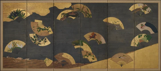 Abanicos y nubes sobre rocas y agua, período Edo, principios del siglo XVII