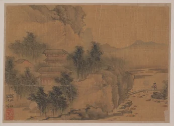 Paisaje con hombre cruzando un puente (miniatura de un álbum de once cuadros; tinta y color sobre seda)