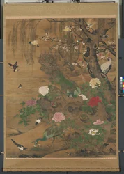 Pergamino colgante, Los pájaros se reúnen bajo el sauce de primavera, finales de 1400-principios de 1500 (tinta y color sobre seda)