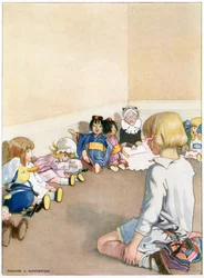 Les llevó un poco de tiempo volver a ser buenos", ilustración de "Josephine is Busy", de H.C. Cradock, publicada por Blackie & Son, Ltd. (litografía en color)