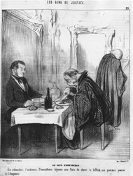 El café de Aguesseau. Mientras esperaba la audiencia, Demóstenes era joven a expensas del cliente, el filete de manzana creció en elocuencia, tomado de “Gens de Justice”, una serie de caricaturas sobre la Justicia por Honoré Daumier (1808-1879). “Charivari