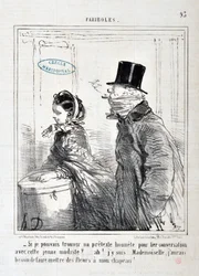 Obra de Honoré Daumier (1808-1879). Charivari: Serie FARIBOLES “-Si pudiera encontrar un pretexto honesto para iniciar una conversación con este joven modelo?... ¡Ah! ya sé... señorita, ¡necesito poner flores en mi sombrero!” MUSEO DE BELLAS ARTES - PALACI