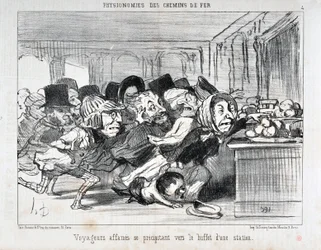 Serie Phyonomies des Chain de Ferr: Viajeros hambrientos precipitándose hacia el buffet de una estación. MUSEO DE BELLAS ARTES - PALAIS LONGCHAMP, MARSELLA