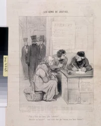 Serie LES PEANS DE JUSTICE. "¿Tienes que escribir una carta para hacerlo tierno? - ¡Asistiendo a un alguacil! ¿No eres francés, buen hombre?" Dim 37.5x28. Extracto del periódico Le Charivari