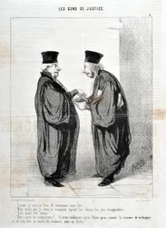 Obra de Honoré Daumier (1808-1879). Charivari data de 1845: Serie LES PEOPLES DE JUSTICE -¡Como te dije verazmente tu hecho! Éramos hermosos. ¡Éramos hermosos!... ¡realmente solo en el Palais sabemos la forma de argumentar y hablar de ello!