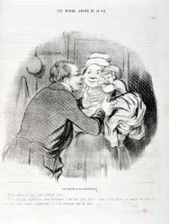 Obra de Honoré Daumier (1808-1879). Charivari data de 1848: Serie Los buenos días de la vida. La visita a la nodriza - Vamos a besar al papá, pequeño niño querido - Hoy no quiere, pero usualmente... MUSEO DE BELLAS ARTES - PALACIO LONGCHAMP, MARSELLA