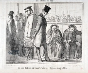 Obra de Honoré Daumier (1808-1879). Charivari data de 1855: Serie LES Chemins de fer La sala de espera o el cuarto de hora de reflexiones desagradables MUSEO DE BELLAS ARTES - PALACIO LONGCHAMP, MARSELLA