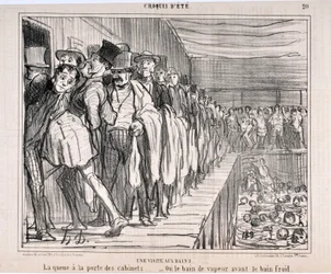 Obra de Honoré Daumier (1808-1879), Charivari, fechada en 1858: serie «Bocetos de verano. Una visita a los baños: La cola ante las puertas de los gabinetes... O el baño de vapor antes del baño frío». Museo de Bellas Artes - Palais Longchamp, Marsella