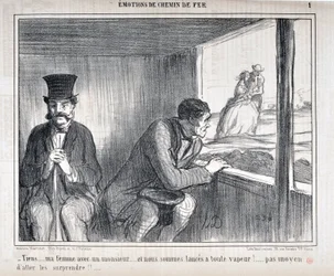 Obra de Honoré Daumier (1808-1879) Charivari data de 1858: Serie EMOTIONS EN Chemin de fer - Tiens... ma femme avec un monsieur... et nous sommes lances a toute vapeur!... ¡no hay manera de ir a sorprenderlos!!... MUSEO DE BELLAS ARTES - PALACIO LONGCHAMP,
