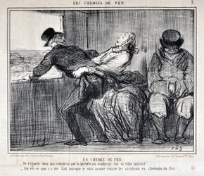 Obra de Honoré Daumier (1808-1879). Charivari data de 1858: Serie LOS FERROCARRILES “-Así que no mires así por la puerta, ¡un infortunio viene tan rápido!... - ¿Qué me importa, si estoy asegurado contra accidentes en el ferrocarril?”