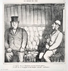 Obra de Honoré Daumier (1808-1879). Charivari data de 1864: Serie LES CHAINS DE RAILWAY - La figura de este caballero no me resulta familiar. - la cabeza de este viajero no me inspira confianza MUSEO DE BELLAS ARTES - PALACIO LONGCHAMP, MARSELLA