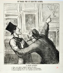 Obra de Honoré Daumier (1808-1879). Charivari data de 1865: Serie Bocetos Tomados en el Salón. Un pintor caprichoso. “Aquí, ve cómo entiendo la apoteosis de un mártir... -Pero solo puedo ver los dos pies de tu persona.- La cabeza ya está en el cielo”