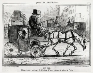 Agosto de 1855, exposición universal: plano, corte, altura y elevación de un coche de París. Ilustración de Honoré Daumier (1808-1879), publicada en las noticias, "Charivari", con fecha 4 de septiembre