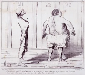 Caricatura sobre apariencias. Serie "Los Bañistas": Dile a papá Drouillet... Grabado de Honoré Daumier (1808-1879). Extracto del periódico "Le Charivari"