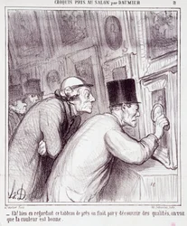 Caricatura sobre amantes del arte. Serie “Boceto tomado en el Salón por Daumier”: “¡Eh! bien mirando este cuadro, terminamos descubriendo calidad, vemos que el color es bueno”. Grabado por Honoré Daumier (1808-1879). Extracto del periódico “Le Charivari”