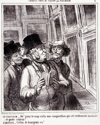 Caricatura sobre amantes del arte. Serie “Boceto tomado en el Salón por Daumier”: “Visitante: ¡Oh! por el golpe aquí hay una composición realmente insensata (...). Artista: ¡Burgués cretino, ve!”. Grabado por Honoré Daumier (1808-1879). Extracto del periód