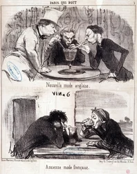 Caricatura sobre abuso gastronómico. Serie “París que bebe”: nueva moda inglesa y antigua moda francesa. Grabado por Honoré Daumier (1808-1879). Extracto del periódico “Le Charivari” 23 de junio de 1852 Dim 37x26 cm Inv D 2312 - caja 24 N°7. Marsella, Muse
