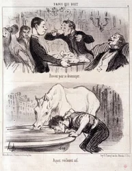 Caricatura sobre abuso gastronómico. Serie París bebiendo: “Beber para aburrirse. Realmente sediento.” Grabado de Honore DAUMIER (1808-1879). Extracto del periódico “Le Charivari” 16 de junio de 1852 Dim 37x26cm Inv D 2310 - caja 24 N°5. Marsella, Museo de