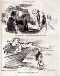 Caricatura sobre abuso gastronómico. Serie "París que bebe": "vista tomada en los Campos Elíseos durante la ola de calor. Acaba de beber un golpe terrible." Grabado por Honoré Daumier (1808-1879). Extracto del periódico "Le Charivari" el 5 de junio