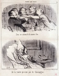 Caricatura sobre abuso gastronómico. Serie “París que bebe”: en un gabinete de la casa de oro. Tisana que no es champán. Extracto del periódico “Le Charivari” 4 de junio