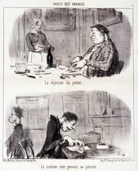 Caricatura sobre abuso gastronómico. Serie "París que come": El desayuno del jefe. El sexto empleado toma su pitanza. Grabado de Honoré Daumier (1808-1879). Extracto del periódico "Le Charivari" del 26 de junio