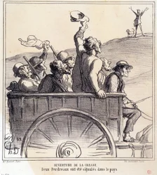 Caricatura sobre cazadores. Serie “Boceto de otoño: Apertura de la caza, dos perdices fueron señaladas en el campo”, de los periódicos "Le Charivari"