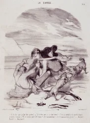 Caricatura sobre cazadores. Serie "Los hermosos días de la vida - La caza": "Te digo que lo hice irse..." Grabado por Honoré Daumier (1808-1879). Extracto del periódico "Le Charivari" el 10 de enero