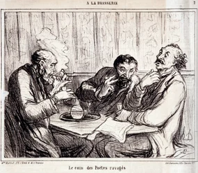 Caricatura sobre poetas. Serie “A la brasserie”: El rincón de los poetas devastados. Extracto del periódico “Le Charivari” 7 de enero