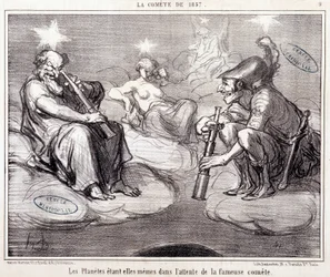 Caricatura sobre ciencia. Serie sobre “el Cometa de 1857”: “Los planetas están esperando el famoso cometa”. Grabado por Honoré Daumier (1808-1879), 25 de marzo