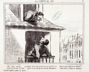 Caricatura sobre la ciencia. Serie sobre "El cometa de 1857": "Bueno vecino... ¿por qué hiciste tal grito?..." Grabado de Honoré Daumier (1808-1879). Extracto del periódico "Le Charivari" del 11 de marzo