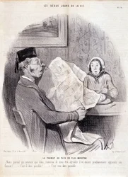 Caricatura sobre la prensa. Serie "Los hermosos días de la vida": "El formato cada vez más monstruoso...". Grabado por Honoré Daumier (1808-1879). Extracto del periódico "Le Charivari" el 18 de octubre