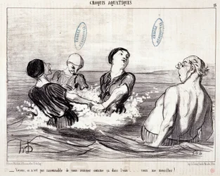 Caricatura sobre turistas de vacaciones en el mar. Serie “Los Baños de Mar”: “Boceto acuático. Veamos, no es razonable agitarte así en el agua... ¡me mojas!” Grabado de Honore DAUMIER (1808-1879). Extracto del periódico “Le Charivari”