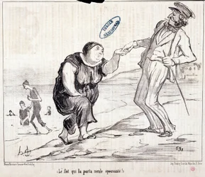 Caricatura sobre turistas de vacaciones. Serie “Ax Bains de Mer: “¡La inundación que lo llevó de vuelta aterradora!”. Grabado por Honoré Daumier (1808-1879). Extracto del periódico “Le Charivari”