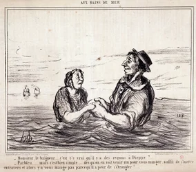 Caricatura sobre turistas de vacaciones. Serie “en los Baños de Mar”: “Señor bañista... ¿es cierto que hay tiburones en Dieppe?...” Grabado de Honore DAUMIER (1808-1879). Extracto del periódico “Le Charivari” el 8 de junio