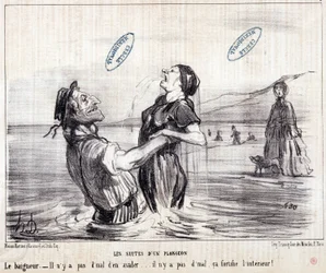 Caricatura sobre turistas de vacaciones. Serie “Les Bains de Mer”: Boceto acuático. Las secuencias de un clavado. Extracto del periódico “Le Charivari” en 1853