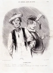 Caricatura sobre dos alcohólicos: Serie "Los hermosos días de la vida": "El Mardi Gras...". Grabado por Honoré Daumier (1808-1879). Extracto del periódico "Le Charivari" el 9 de agosto
