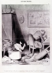 Caricatura sobre escritoras. Serie "Bas Bleus": "La madre está en el fuego de la composición, el niño está en el agua del baño!". Grabado de Honoré Daumier (1808-1879). Extracto del periódico "Le Charivari" del 20 de febrero