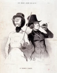 Caricatura sobre jóvenes dandis. Serie "Los Bellos Días de la Vida": "El primer cigarro". Grabado de Honoré Daumier (1808-1879). Extracto del periódico "Le Charivari" del 31 de diciembre de 1843