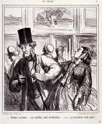 Caricatura sobre amantes del arte: Serie "En el salón": Dejemos a madame... estas desnudez son revoltantes... Volveré solo. Grabado de Honoré Daumier (1808-1879). Extracto del periódico "Le Charivari" del 5 de mayo
