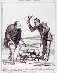 Caricatura sobre cazadores: Serie "Boceto de Otoño": Señor, dada la completa ausencia de caza, por favor concédame permiso para disparar a su perro... Grabado de Honoré Daumier (1808-1879). Extracto del periódico "Le Charivari" del 28 de septiembre