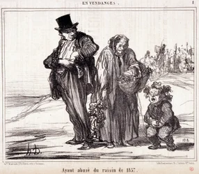 Caricatura sobre viticultura. Serie "Boceto de otoño": "En la cosecha. Habiendo abusado de las uvas de 1857" Grabado por Honoré Daumier (1808-1879). Extracto del periódico "Le Charivari" el 16 de octubre